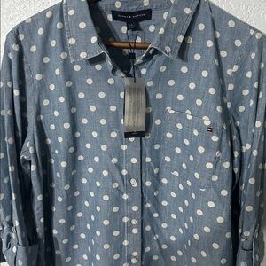 NWT Tommy Hilfiger Casual Denim Blue White Polka Dot Button Down Shirt L $60